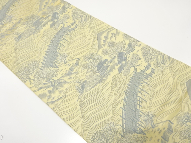 JAPANESE KIMONO / ANTIQUE FUKURO OBI / SILK / WOVEN CENERY OF COUNTRYSIDE